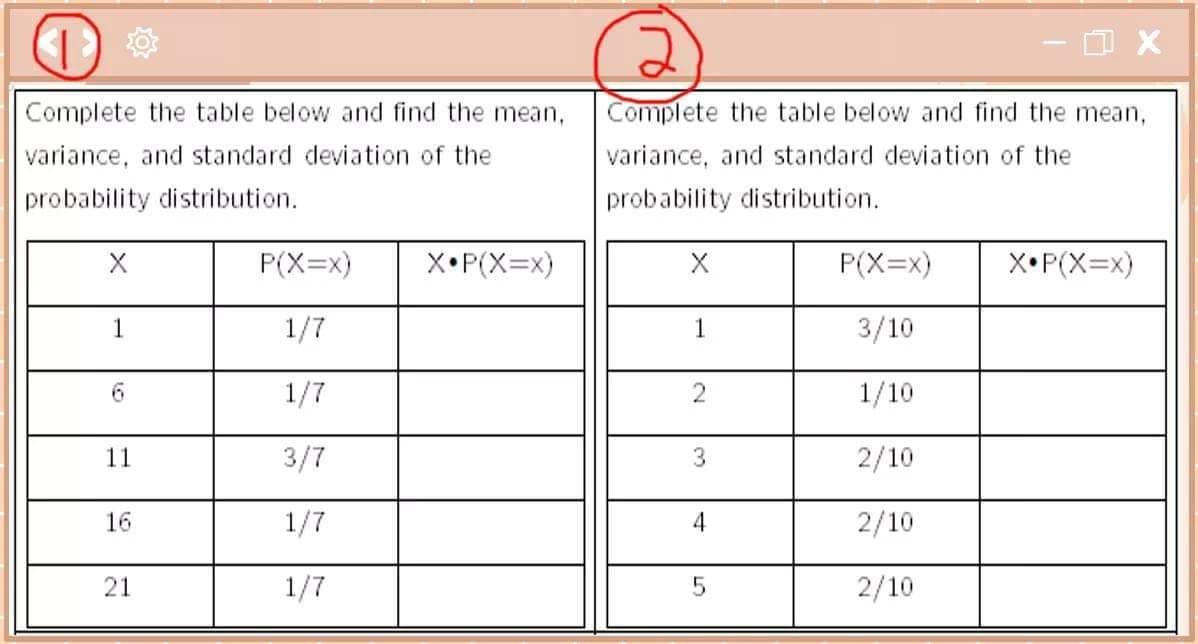 Complete the table below and find the mean,
Complete the table below and find the mean,
variance, and standard deviation of the
variance, and standard deviation of the
probability distribution.
probability distribution.
P(X=x)
X•P(X=x)
P(X=x)
X•P(X=x)
1
1/7
1
3/10
1/7
2
1/10
11
3/7
2/10
16
1/7
2/10
21
1/7
2/10
3.
