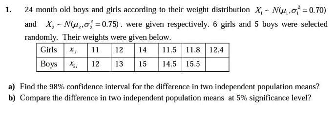 1.
24 month old boys and girls according to their weight distribution X, - N(4,0 = 0.70)
and X, - N(u,,0 = 0.75). were given respectively. 6 girls and 5 boys were selected
randomly. Their weights were given below.
Girls Xu
11 12
11.5 11.8
14
12.4
Boys X
13
15
14.5 15.5
12
a) Find the 98% confidence interval for the difference in two independent population means?
b) Compare the difference in two independent population means at 5% significance level?
