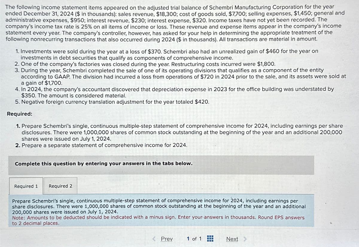 The following income statement items appeared on the adjusted trial balance of Schembri Manufacturing Corporation for the year
ended December 31, 2024 ($ in thousands): sales revenue, $18,300; cost of goods sold, $7,700; selling expenses, $1,450; general and
administrative expenses, $950; interest revenue, $230; interest expense, $320. Income taxes have not yet been recorded. The
company's income tax rate is 25% on all items of income or loss. These revenue and expense items appear in the company's income
statement every year. The company's controller, however, has asked for your help in determining the appropriate treatment of the
following nonrecurring transactions that also occurred during 2024 ($ in thousands). All transactions are material in amount.
1. Investments were sold during the year at a loss of $370. Schembri also had an unrealized gain of $460 for the year on
investments in debt securities that qualify as components of comprehensive income.
2. One of the company's factories was closed during the year. Restructuring costs incurred were $1,800.
3. During the year, Schembri completed the sale of one of its operating divisions that qualifies as a component of the entity
according to GAAP. The division had incurred a loss from operations of $720 in 2024 prior to the sale, and its assets were sold at
a gain of $1,700.
4. In 2024, the company's accountant discovered that depreciation expense in 2023 for the office building was understated by
$350. The amount is considered material.
5. Negative foreign currency translation adjustment for the year totaled $420.
Required:
1. Prepare Schembri's single, continuous multiple-step statement of comprehensive income for 2024, including earnings per share
disclosures. There were 1,000,000 shares of common stock outstanding at the beginning of the year and an additional 200,000
shares were issued on July 1, 2024.
2. Prepare a separate statement of comprehensive income for 2024.
Complete this question by entering your answers in the tabs below.
Required 1 Required 2
Prepare Schembri's single, continuous multiple-step statement of comprehensive income for 2024, including earnings per
share disclosures. There were 1,000,000 shares of common stock outstanding at the beginning of the year and an additional
200,000 shares were issued on July 1, 2024.
Note: Amounts to be deducted should be indicated with a minus sign. Enter your answers in thousands. Round EPS answers
to 2 decimal places.
Prev
****
1 of 1 1
Next