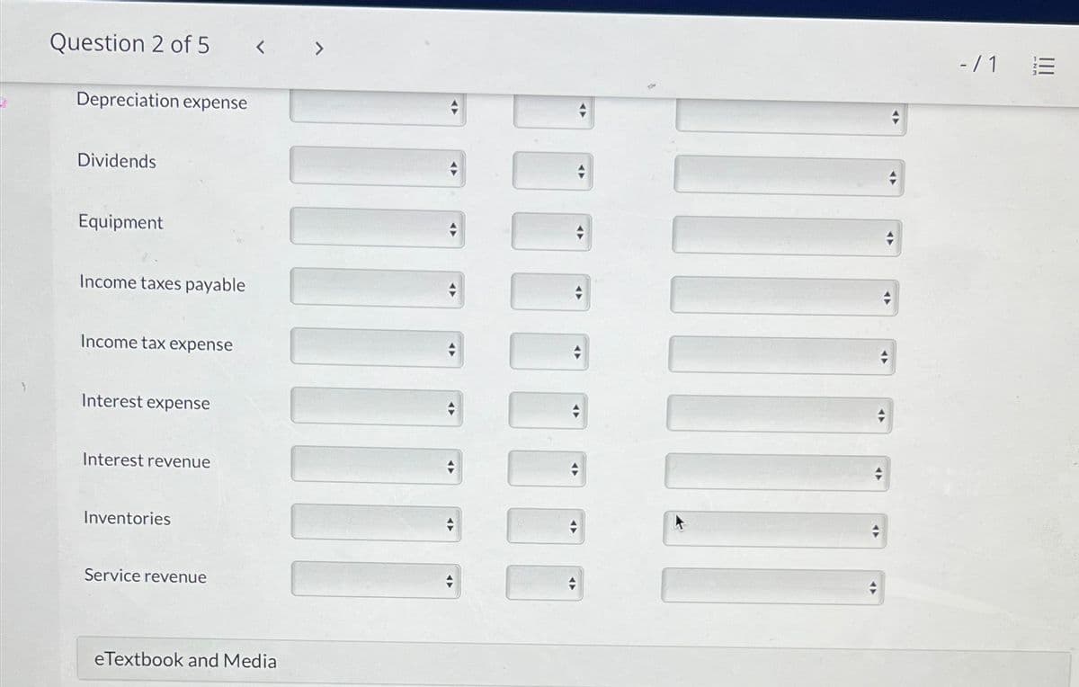 Question 2 of 5
Depreciation expense
Dividends
Equipment
Income taxes payable
Income tax expense
Interest expense
Interest revenue
Inventories
Service revenue
eTextbook and Media
-/1
|||