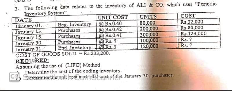 3- The following data relates to the inventoiy of ALI & CO. which uses "Periodic
Inventory System"
DATE
Jdnuary 01.
January 13.
January 15.
January 30.
January 31.-
COST OF GOODS SOLD R.s.233,200.
REQUIRED:
Assuming the use of (LIFO) Method
Determine the cost of the ending inventory.
C Deremine te anit cost aud tota! cost pfahe January 30. purchases.
UNIT COST
@ Rs.0.40
@ Rs.0.42
@Rs.0.41
@ Rs. ?
End. Inventory. @Rs. ?
COST
Rs.32,000
Rs.84,000
Rs.123,000
UNITS
Beg. Inventory
Purchases
80,000
200,000
300,000
100,000
120,000
Purchases
Purchases
Rs. ?
Rs. ?
