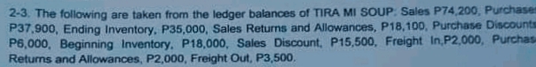 2-3. The following are taken from the ledger balances of TIRA MI SOUP: Sales P74,200, Purchases
P37,900, Ending Inventory, P35,000, Sales Returns and Allowances, P18,100, Purchase Discounts
P6,000, Beginning Inventory, P18,000, Sales Discount, P15,500, Freight In,P2,000, Purchas
Returns and Allowances, P2,000, Freight Out, P3,500.
