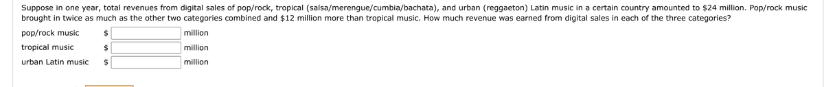 Suppose in one year, total revenues from digital sales of pop/rock, tropical (salsa/merengue/cumbia/bachata), and urban (reggaeton) Latin music in a certain country amounted to $24 million. Pop/rock music
brought in twice as much as the other two categories combined and $12 million more than tropical music. How much revenue was earned from digital sales in each of the three categories?
pop/rock music
2$
million
tropical music
$
million
urban Latin music
$
million
