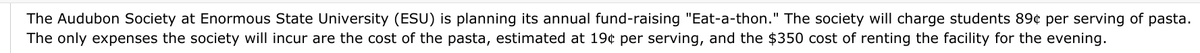 The Audubon Society at Enormous State University (ESU) is planning its annual fund-raising "Eat-a-thon." The society will charge students 89¢ per serving of pasta.
The only expenses the society will incur are the cost of the pasta, estimated at 19¢ per serving, and the $350 cost of renting the facility for the evening.
