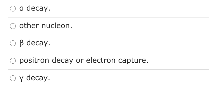 a decay.
other nucleon.
оB decay.
O positron decay or electron capture.
y decay.
