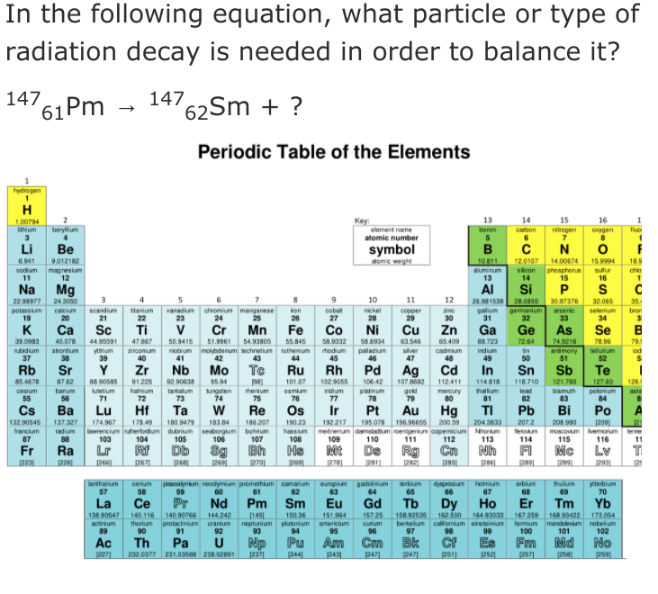 In the following equation, what particle or type of
radiation decay is needed in order to balance it?
147 61Pm
´61PM
147
62Sm + ?
Periodic Table of the Elements
hydrogen
Key:
13
14
15
16
1
1.00794
ithium
3
beryllium
elemert name
atomic number
boron
carbon
nitrogen
oxygen
fluo
Li
Be
symbol
atomic weight
N
15 9994
6.941
9.012182
10 811
12.0107
sicon
14
14.00674
18.9
sodium
11
magnesium
12
phosphorus
15
sufur
16
aluminum
chlo
13
Na
Mg
AI
Si
S
24 3050
10
11
12
26.981538
galium
31
22.98977
28.0855
30.97376
32.065
potassum
19
caicium
20
scandium
21
Stanium
22
vanadium
23
chromium manganese
24
25
iron
26
cobat
27
nickel
28
copper
29
zine
30
gemanium
32
arsenic
33
selenium
34
35
bron
3
K
Ca
Sc
Ti
V
Cr
Mn
Fe
Co
Ni
Cu
Zn
Ga
Ge
As
Se
B
39.0983
47.867
51.9961 54.93805
niobium molybdenum technetkum ruthenium
43
40.078
44.95591
50.9415
55.845
58.9332
58.6934
63.546
65.409
69.723
72.64
74.9216
78.96
791
ubidium
37
strontium
38
yttrium
39
hodium
45
palladium
46
silver
47
tellutum
52
cadmium
indium
49
tin
animony
51
zirconium
iod
40
41
42
44
48
50
Rb
Sr
Y
Zr
Nb
Mo
Te
Ru
Rh
Pd
Ag
Cd
In
Sn
Sb
Te
102.9055
inidium
77
85 4678
87 62
88 90585
91225
92.80638
95.94
106 42
107.8682
198]
henium
75
101.07
112.411
114 818
118.710
121.760
127 60
1261
cesium
55
banum
56
lutetium
71
tatalum
73
osmium
76
patinum
78
hatnium
tungsten
74
gold
79
thalium
lead
bismuth
polonium
84
mercury
asta
72
80
81
82
83
Ва
Lu
Hf
Та
Re
Os
Ir
Pt
Au
Hg
200.59
Pb
TI
Bi
Po
132.90545
137.327
174.967
178.49
180.9479
183.84
186.207
190.23
192.217
195.078
196.96655
204.3833
207.2
121
209
moscovium vemorium
116
208.980
francium
87
radium
88
lawrencium hertordum dubnium seaborgium bohium
103
meitnerium damstadium roentgenium copemicium Nhorium
111
hassium
flerovum
114
terre
104
105
106
107
108
109
110
112
113
115
11
Fr
2231
Ra
Rf
Db
Sg
Ds
Rg
Nh
FI
Mc
Lr
226
266)
2671
285
gadolnium
64
heimium
67
ytlerbium
70
lanthanum
cenum
58
peodymum neodymium promethium samarium
60
terbium
65
dysprosium
66
erbium
thulkum
europium
63
68
57
59
61
62
69
La
Ce
Pr
Nd
Pm
Sm
Eu
Gd
Tb
Dy
Но
Er
Tm
Yb
157 25
curium
96
138.90547
140.116
thorium
90
140.90766
144.242
145
neptunium plutonium americium
93
150.36
151.964
158.92535
162.500
164.93033
167 259
168 93422
mendelevium nobelium
101
173.054
actinium
89
protactinium uranium
91
berkalium califomium eirsteinium
98
fermium
100
92
94
95
97
99
102
Ac
Pa
232 0377 231.03588 238.02891
Np
Es
Th
Pu
Am
Bk
Fm
Md
No
259
2371
247]
247
251]
252
257
227
244|
243
258)
