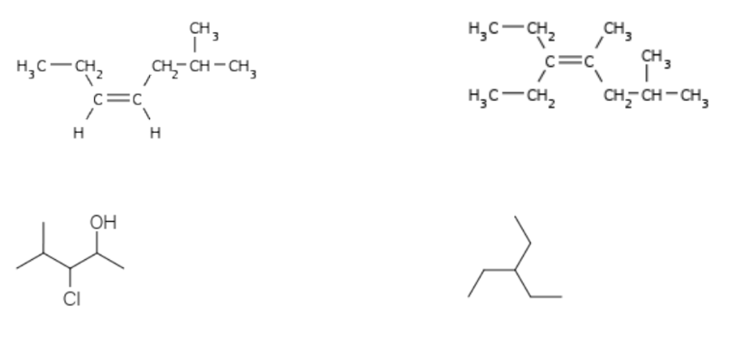 CH3
H,C-CH2
CH,
CH,
c=C
H,C-CH2
CH,- CH - CH,
c=C
H,C-CH,
CH, CH- CH,
H
H
OH
CI
