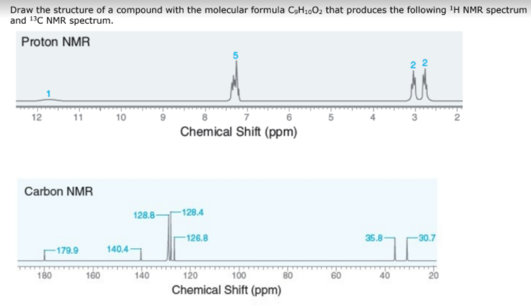 Draw the structure of a compound with the molecular formula CóH1002 that produces the following 'H NMR spectrum
and 13C NMR spectrum.
Proton NMR
12
11
10
7
6
5
3
Chemical Shift (ppm)
Carbon NMR
128.8-
-128.4
126.8
35.8-
-30.7
-179.9
140.4
180
160
140
120
100
80
60
40
20
Chemical Shift (ppm)
2.
