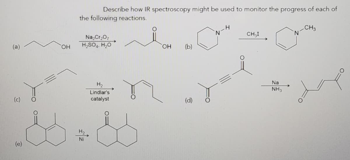 Describe how IR spectroscopy might be used to monitor the progress of each of
the following reactions.
CH3
N.
N.
CH;I
Na,Cr,0,
H2SO,, H,0
(a)
HO,
HO,
(b)
Na
H2
NH3
Lindlar's
(c)
catalyst
(d)
H2
Ni
(e)
