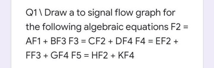 Q1\ Draw a to signal flow graph for
the following algebraic equations F2 =
AF1 + BF3 F3 = CF2 + DF4 F4 EF2 +
%3D
FF3 + GF4 F5 = HF2 + KF4
%3D
