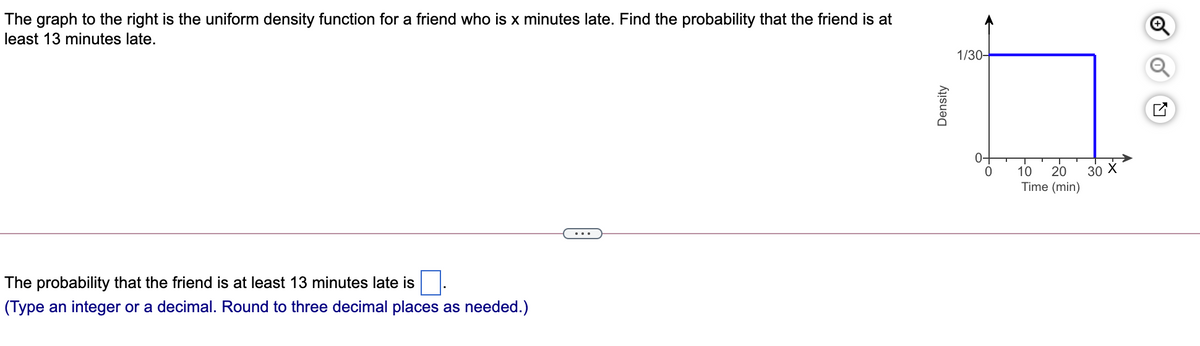 The graph to the right is the uniform density function for a friend who is x minutes late. Find the probability that the friend is at
least 13 minutes late.
1/30-
0-
30 X
20
Time (min)
10
The probability that the friend is at least 13 minutes late is
(Type an integer or a decimal. Round to three decimal places as needed.)
Density
