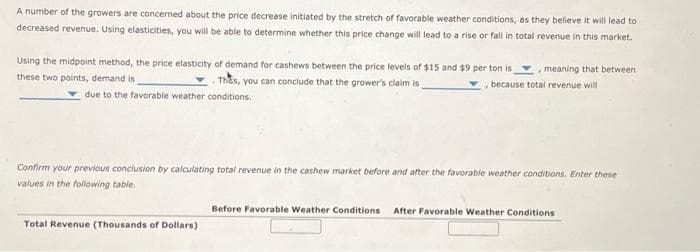 A number of the growers are concerned about the price decrease initiated by the stretch of favorable weather conditions, as they believe it will lead to
decreased revenue. Using elasticities, you will be able to determine whether this price change will lead to a rise or fall in total revenue in this market.
Using the midpoint method, the price elasticity of demand for cashews between the price levels of $15 and $9 per ton is , meaning that between i
these two points, demand is
Thes, you can conclude that the grower's claim is
, because total revenue will
due to the favorable weather conditions.
Confirm your previous conclusion by calculating total revenue in the cashew market before and after the favorable weather conditions. Enter these
values in the following table,
Total Revenue (Thousands of Dollars)
Before Favorable Weather Conditions: After Favorable Weather Conditions