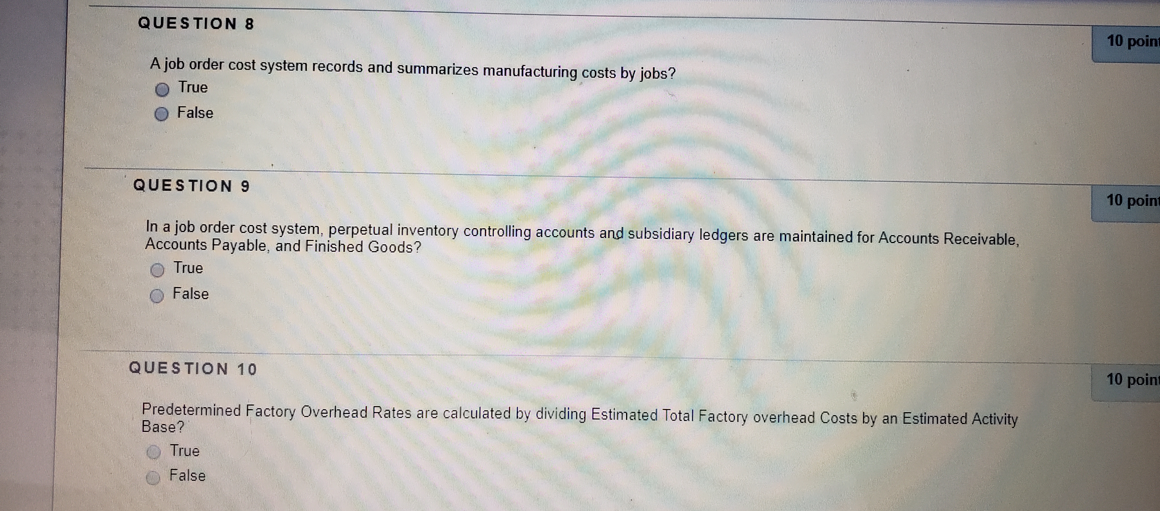 A job order cost system records and summarizes manufacturing costs by jobs?
True
False
