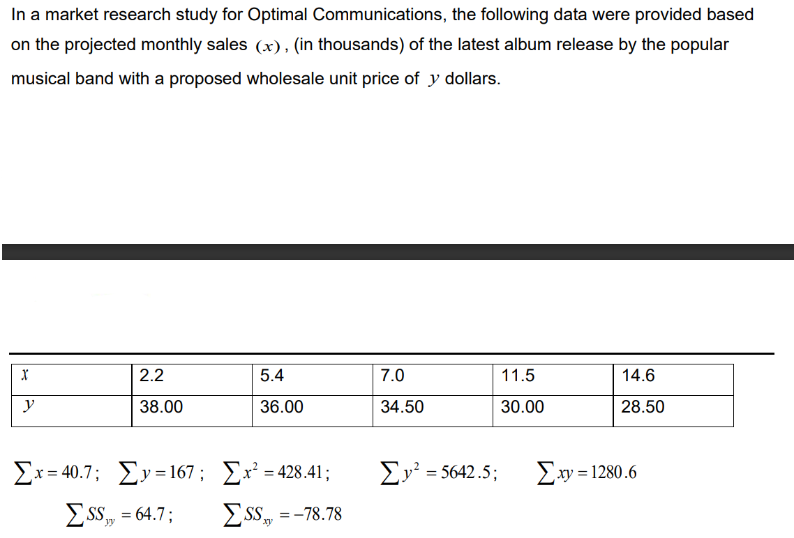 In a market research study for Optimal Communications, the following data were provided based
on the projected monthly sales (x), (in thousands) of the latest album release by the popular
musical band with a proposed wholesale unit price of y dollars.
X
y
2.2
38.00
5.4
36.00
Σx=40.7; Σy=167; Σx = 428.41;
ΣSS= 64.7;
SS=-78.78
7.0
34.50
Ey =5642.5;
11.5
30.00
14.6
28.50
Σxy = 1280.6