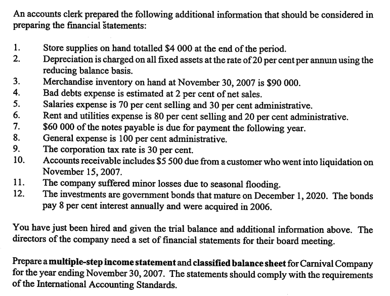 An accounts clerk prepared the following additional information that should be considered in
preparing the financial štatements:
1.
Store supplies on hand totalled $4 000 at the end of the period.
Depreciation is charged on all fixed assets at the rate of 20 per cent per annuin using the
reducing balance basis.
Merchandise inventory on hand at November 30, 2007 is $90 000.
Bad debts expense is estimated at 2 per cent of net sales.
Salaries expense is 70 per cent selling and 30 per cent administrative.
Rent and utilities expense is 80 per cent selling and 20 per cent administrative.
$60 000 of the notes payable is due for payment the following year.
General expense is 100 per cent administrative.
The corporation tax rate is 30 per cent.
Accounts receivable includes $5 500 due from a customer who went into liquidation on
November 15, 2007.
The company suffered minor losses due to seasonal flooding.
The investments are government bonds that mature on December 1, 2020. The bonds
pay 8 per cent interest annually and were acquired in 2006.
2.
3.
4.
5.
6.
7.
8.
9.
10.
11.
12.
You have just been hired and given the trial balance and additional information above. The
directors of the company need a set of financial statements for their board meeting.
Prepare a multiple-step income statement and classified balance sheet for Carnival Company
for the year ending November 30, 2007. The statements should comply with the requirements
of the International Accounting Standards.
