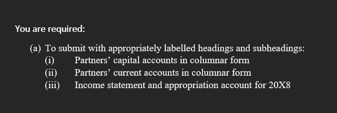 You are required:
(a) To submit with appropriately labelled headings and subheadings:
(i)
(ii)
(iii)
Partners' capital accounts in columnar form
Partners' current accounts in columnar form
Income statement and appropriation account for 20X8
