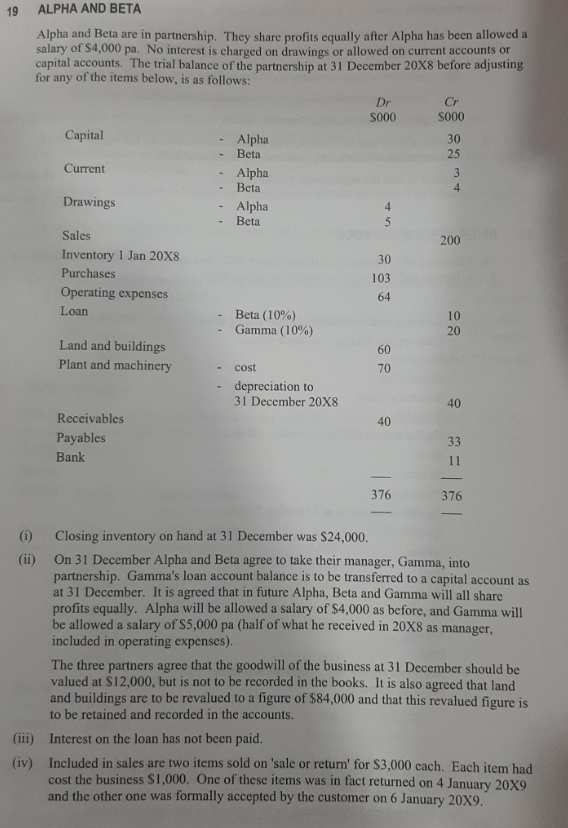 19
ALPHA AND BETA
Alpha and Beta are in partnership. They share profits equally after Alpha has been allowed a
salary of $4,000
capital accounts. The trial balance of the partnership at 31 December 20X8 before adjusting
for any of the items below, is as follows:
pa. No interest is charged on drawings or allowed on current accounts or
Dr
Cr
So00
So00
Capital
Alpha
Beta
30
25
Current
Alpha
Beta
3
Drawings
Alpha
Beta
4
5.
Sales
200
Inventory 1 Jan 20X8
30
Purchases
103
Operating expenses
64
Loan
Beta (10%)
Gamma (10%)
10
20
Land and buildings
60
Plant and machinery
cost
70
depreciation to
31 December 20X8
40
Receivables
40
Payables
33
Bank
11
-
376
376
(i)
Closing inventory on hand at 31 December was S24,000.
On 31 December Alpha and Beta agree to take their manager, Gamma, into
(ii)
partnership. Gamma's loan account balance is to be transferred to a capital account as
at 31 December. It is agreed that in future Alpha, Beta and Gamma will all share
profits equally. Alpha will be allowed a salary of $4,000 as before, and Gamma will
be allowed a salary of $5,000 pa (half of what he received in 20X8 as manager,
included in operating expenses).
The three partners agree that the goodwill of the business at 31 December should be
valued at $12,000, but is not to be recorded in the books. It is also agreed that land
and buildings are to be revalued to a figure of $84,000 and that this revalued figure is
to be retained and recorded in the accounts.
(iii)
Interest on the loan has not been paid.
Included in sales are two items sold on 'sale or return' for $3,000 cach. Each item had
(iv)
cost the business $1,000. One of these items was in fact returned on 4 January 20X9
and the other one was formally accepted by the customer on 6 January 20X9.
I
