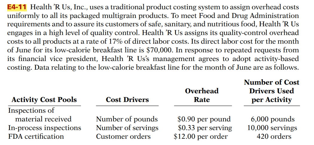 E4-11 Health 'R Us, Inc., uses a traditional product costing system to assign overhead costs
uniformly to all its packaged multigrain products. To meet Food and Drug Administration
requirements and to assure its customers of safe, sanitary, and nutritious food, Health 'R Us
engages in a high level of quality control. Health 'R Us assigns its quality-control overhead
costs to all products at a rate of 17% of direct labor costs. Its direct labor cost for the month
of June for its low-calorie breakfast line is $70,000. In response to repeated requests from
its financial vice president, Health 'R Us’s management agrees to adopt activity-based
costing. Data relating to the low-calorie breakfast line for the month of June are as follows.
Activity Cost Pools
Inspections of
material received
In-process inspections
FDA certification
Cost Drivers
Number of pounds
Number of servings
Customer orders
Overhead
Rate
$0.90 per pound
$0.33 per serving
$12.00 per order
Number of Cost
Drivers Used
per Activity
6,000 pounds
10,000 servings
420 orders