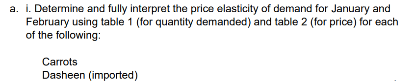 a. i. Determine and fully interpret the price elasticity of demand for January and
February using table 1 (for quantity demanded) and table 2 (for price) for each
of the following:
Carrots
Dasheen (imported)
