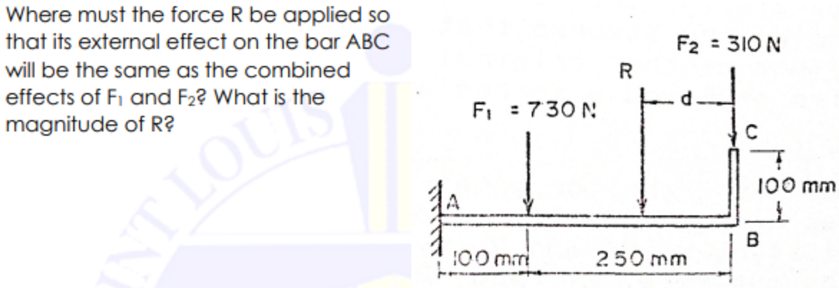 Where must the force R be applied so
that its external effect on the bar ABC
will be the same as the combined
F2 = 310 N
effects of Fi and F2? What is the
R
magnitude of R?
Fi : 730 N
TLOU
100 mm
:00 mm
250 mm
B
