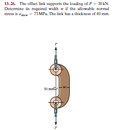 13-26. The offset link supports the loading of P = 30 kN.
Determine its required width w if the allowable normal
stress is oa = 73 MPa. The link has a thickness of 40 mm.
So mn
