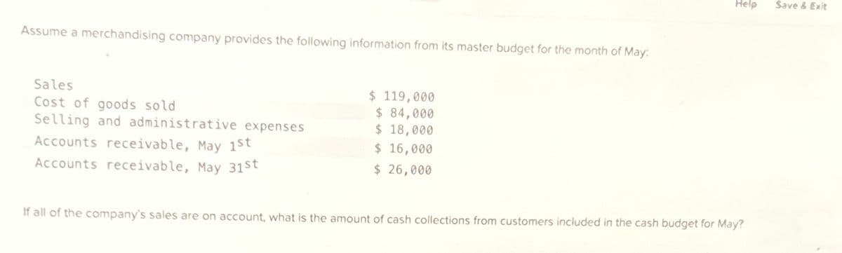 Assume a merchandising company provides the following information from its master budget for the month of May
Sales
$ 119,000
Cost of goods sold
$ 84,000
Selling and administrative expenses
$ 18,000
Accounts receivable, May 1st
$ 16,000
$ 26,000
Help
Save & Exit
Accounts receivable, May 31st
If all of the company's sales are on account, what is the amount of cash collections from customers included in the cash budget for May?