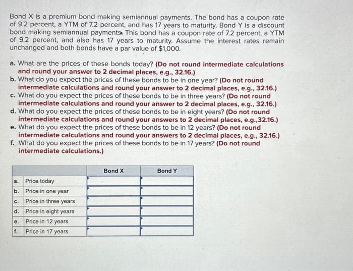 Bond X is a premium bond making semiannual payments. The bond has a coupon rate
of 9.2 percent, a YTM of 7.2 percent, and has 17 years to maturity. Bond Y is a discount
bond making semiannual payments This bond has a coupon rate of 7.2 percent, a YTM
of 9.2 percent, and also has 17 years to maturity. Assume the interest rates remain
unchanged and both bonds have a par value of $1,000.
a. What are the prices of these bonds today? (Do not round intermediate calculations
and round your answer to 2 decimal places, e.g., 32.16.)
b. What do you expect the prices of these bonds to be in one year? (Do not round
intermediate calculations and round your answer to 2 decimal places, e.g., 32.16.)
c. What do you expect the prices of these bonds to be in three years? (Do not round
intermediate calculations and round your answer to 2 decimal places, e.g., 32.16.)
d. What do you expect the prices of these bonds to be in eight years? (Do not round
intermediate calculations and round your answers to 2 decimal places, e.g.,32.16.)
e. What do you expect the prices of these bonds to be in 12 years? (Do not round
intermediate calculations and round your answers to 2 decimal places, e.g., 32.16.)
f. What do you expect the prices of these bonds to be in 17 years? (Do not round
intermediate calculations.)
a. Price today
b.
Price in one year
C. Price in three years
d. Price in eight years
e.
Price in 12 years
f. Price in 17 years
Bond X
Bond Y