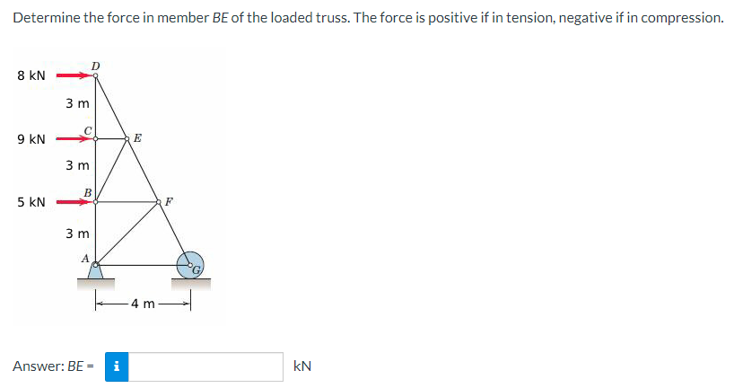 Determine the force in member BE of the loaded truss. The force is positive if in tension, negative if in compression.
8 KN
9 KN
5 kN
D
3 m
C
3 m
B
3 m
A
Answer: BE = i
E
-4 m.
F
kN
2