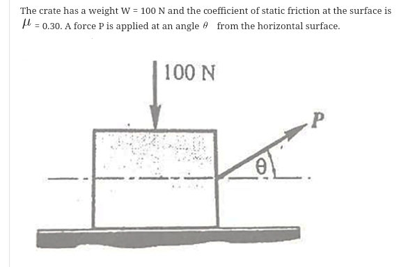 The crate has a weight W = 100 N and the coefficient of static friction at the surface is
H = 0.30. A force P is applied at an angle e from the horizontal surface.
100 N
