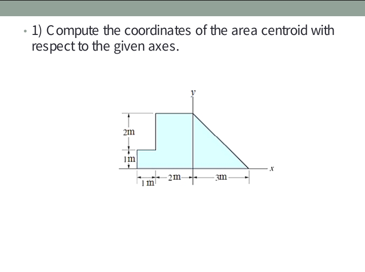 1) Compute the coordinates of the area centroid with
respect to the given axes.
2m
im
- 2m-
