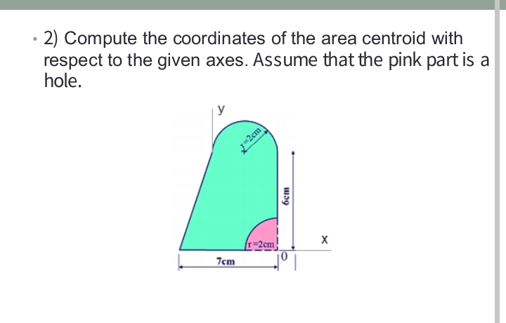 2) Compute the coordinates of the area centroid with
respect to the given axes. Assume that the pink part is a
hole.
r=2cm
10
7cm
