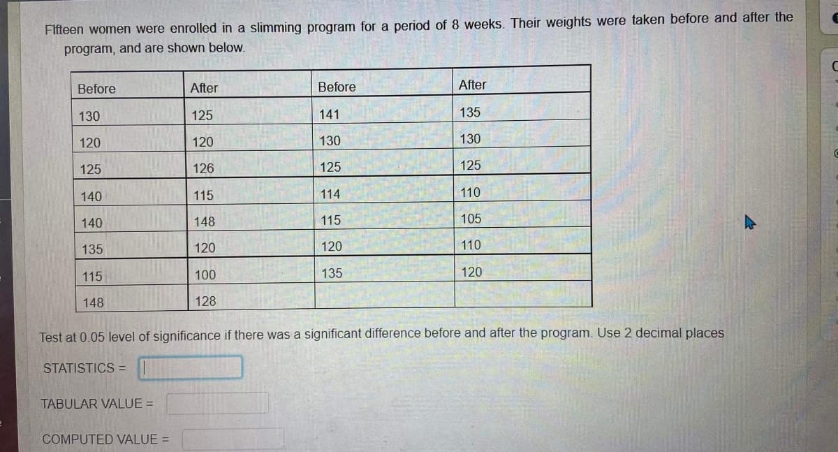 Fifteen women were enrolled in a slimming program for a period of 8 weeks. Their weights were taken before and after the
program, and are shown below.
Before
After
Before
After
130
125
141
135
120
120
130
130
125
126
125
125
140
115
114
110
140
148
115
105
135
120
120
110
115
100
135
120
148
128
Test at 0.05 level of significance if there was a significant difference before and after the program. Use 2 decimal places
STATISTICS =
TABULAR VALUE =
COMPUTED VALUE =
