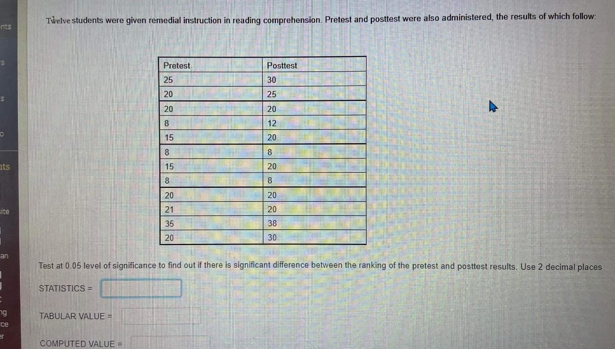 Twelve students were given remedial instruction in reading comprehension. Pretest and posttest were also administered, the results of which follow:
nts
Pretest
Posttest
25
30
20
25
20
20
8
12
15
20
8
8
ats
15
20
8
8
20
20
cite
21
20
35
38
20
30
an
Test at 0.05 level of significance to find out if there is significant difference between the ranking of the pretest and posttest results. Use 2 decimal places
STATISTICS =
ng
TABULAR VALUE =
ce
er
COMPUTED VALUE =
