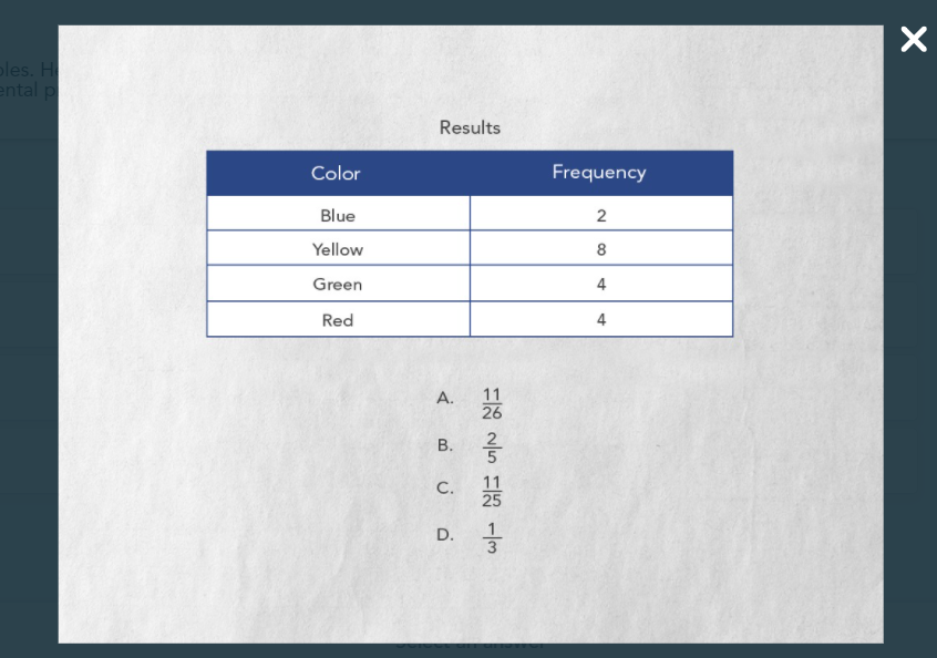 ples. H
ental p
Results
Color
Frequency
Blue
2
Yellow
8
Green
4
Red
4
11
26
А.
в.
11
C. 5
D. -
