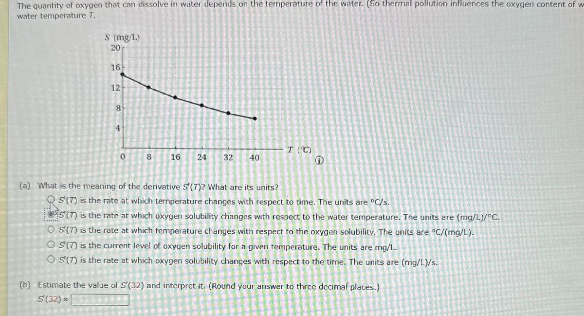 The quantity of oxygen that can dissolve in water depends on the temperature of the water. (So thermal pollution influences the oxygen content of w
water temperature T.
S (mg/L)
20
16
12
8
4
0
8
16 24
32
40
T (°C)
0
(a) What is the meaning of the derivative S'(7)? What are its units?
S'(T) is the rate at which temperature changes with respect to time. The units are °C/s.
S(T) is the rate at which oxygen solubility changes with respect to the water temperature. The units are (mg/L)/°C.
O S'(T) is the rate at which temperature changes with respect to the oxygen solubility. The units are °C/(mg/L).
OS'(T) is the current level of oxygen solubility for a given temperature. The units are mg/L.
OS'(T) is the rate at which oxygen solubility changes with respect to the time. The units are (mg/L)/s.
(b) Estimate the value of S'(32) and interpret it. (Round your answer to three decimal places.)
S(32)