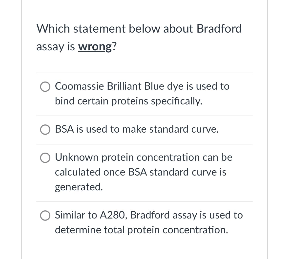 Which statement below about Bradford
assay is wrong?
O Coomassie Brilliant Blue dye is used to
bind certain proteins specifically.
BSA is used to make standard curve.
Unknown protein concentration can be
calculated once BSA standard curve is
generated.
O Similar to A280, Bradford assay is used to
determine total protein concentration.
