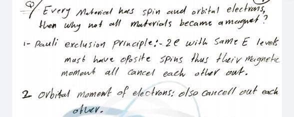 7Every Mateical has spin aud orbital electrens,
them why not all materials became amugnet?
- Pauli exclusion principle:-2e with Same E levek
must have ofosite spins thus theiv mignetie
momeut all cancel each other out.
2 orbitul moment of electrons: olso cancell vat exch
olver.
