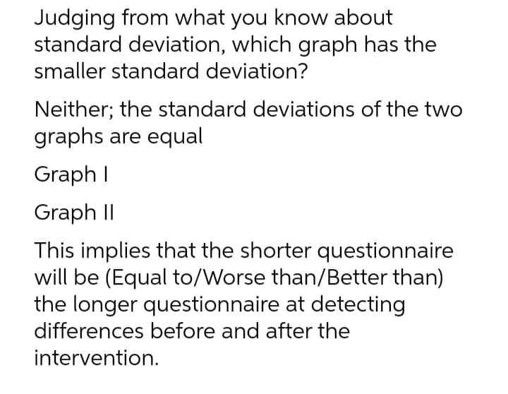 Judging from what you know about
standard deviation, which graph has the
smaller standard deviation?
Neither; the standard deviations of the two
graphs are equal
Graph I
Graph II
This implies that the shorter questionnaire
will be (Equal to/Worse than/Better than)
the longer questionnaire at detecting
differences before and after the
intervention.
