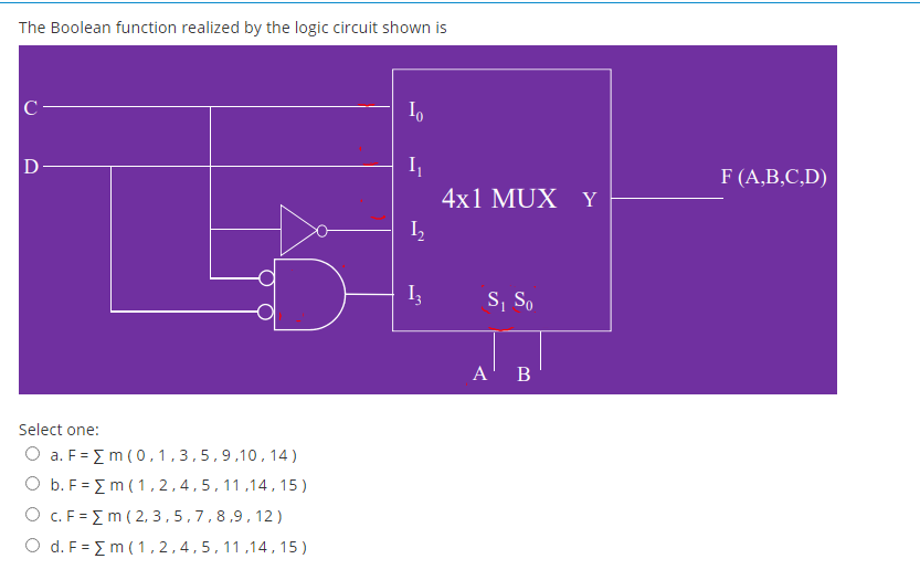 The Boolean function realized by the logic circuit shown is
I
F (A,B,C,D)
4x1 MUX Y
I,
I3
S, So
A' B
Select one:
O a. F = { m (0,1,3,5,9,10,14)
O b. F = { m ( 1,2,4,5,11,14,15)
O c. F= Em ( 2, 3,5,7,8,9,12 )
O d. F = Em ( 1,2,4,5,11,14,15)
