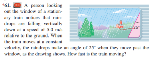 *61. O A person looking
out the window of a station-
ary train notices that rain-
drops are falling vertically
down at a speed of 5.0 m/s
relative to the ground. When
the train moves at a constant
25
velocity, the raindrops make an angle of 25° when they move past the
window, as the drawing shows. How fast is the train moving?
