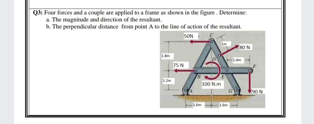 Q3: Four forces and a couple are applied to a frame as shown in the figure . Determine:
a. The magnitude and direction of the resultant.
b. The perpendicular distance from point A to the line of action of the resultant.
50N
1m
80 N
1.8m
1.4m
75 N
1.2m
100 N.m
90 N
1.6m
1.6m
