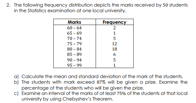 2. The following frequency distribution depicts the marks received by 50 students
in the Statistics examination at one local university.
Marks
Frequency
60 - 64
2
65 - 69
1
70 - 74
75 - 79
12
80 - 84
18
85 - 89
90 - 94
5
95 - 99
1
a) Calculate the mean and standard deviation of the mark of the students.
b) The students with mark exceed 87% will be given a prize. Examine the
percentage of the students who will be given the prize.
c) Examine an interval of the marks of at least 75% of the students at that local
university by using Chebyshev's Theorem.
