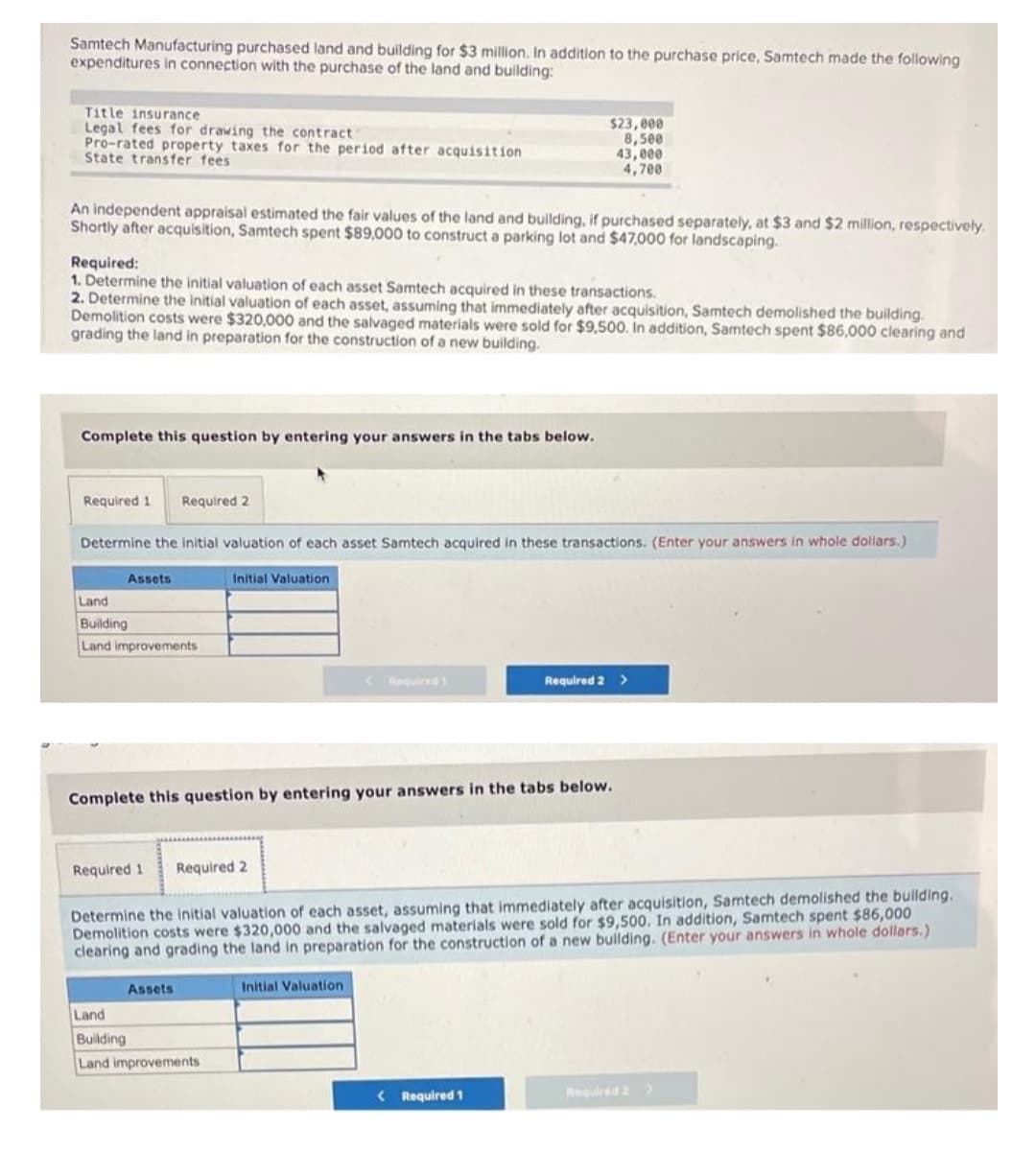 Samtech Manufacturing purchased land and building for $3 million. In addition to the purchase price, Samtech made the following
expenditures in connection with the purchase of the land and building:
Title insurance
Legal fees for drawing the contract
$23,000
8,500
Pro-rated property taxes for the period after acquisition
State transfer fees
43,000
4,700
An independent appraisal estimated the fair values of the land and building, if purchased separately, at $3 and $2 million, respectively.
Shortly after acquisition, Samtech spent $89,000 to construct a parking lot and $47,000 for landscaping.
Required:
1. Determine the initial valuation of each asset Samtech acquired in these transactions.
2. Determine the initial valuation of each asset, assuming that immediately after acquisition, Samtech demolished the building.
Demolition costs were $320,000 and the salvaged materials were sold for $9,500. In addition, Samtech spent $86,000 clearing and
grading the land in preparation for the construction of a new building.
Complete this question by entering your answers in the tabs below.
Required 1
Required 2
Determine the initial valuation of each asset Samtech acquired in these transactions. (Enter your answers in whole dollars.)
Assets
Initial Valuation
Land
Building
Land improvements
<equired 1
Required 2 >
Complete this question by entering your answers in the tabs below.
Required 1
Required 2
Determine the initial valuation of each asset, assuming that immediately after acquisition, Samtech demolished the building.
Demolition costs were $320,000 and the salvaged materials were sold for $9,500. In addition, Samtech spent $86,000
clearing and grading the land in preparation for the construction of a new building. (Enter your answers in whole dollars.)
Assets
Initial Valuation
Land
Building
Land improvements
< Required 1
Required 2