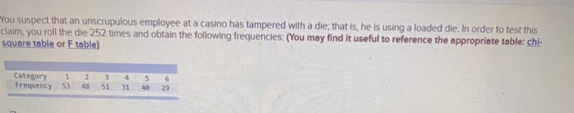 You suspect that an unscrupulous employee at a casino has tampered with a die; that is, he is using a loaded die. In order to test this
claim, you roll the die 252 times and obtain the following frequencies: (You may find it useful to reference the appropriate table: chi-
square table or F table)
Category
Frequency
2.
3
4
6.
53
48
51
31
40
29
