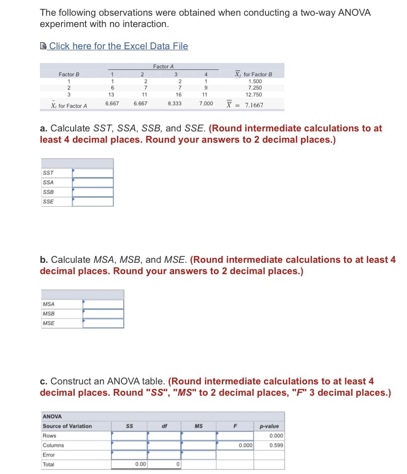 The following observations were obtained when conducting a two-way ANOVA
experiment with no interaction.
E Click here for the Excel Data File
Factor A
Factor B
2
3
X, for Factor B
4
1
1
2
1
1.500
2
6
7
7
9
7.250
3
13
11
16
11
12.750
6.667
X = 7.1667
6.667
8.333
7.000
X; for Factor A
a. Calculate SST, SSA, SSB, and SSE. (Round intermediate calculations to at
least 4 decimal places. Round your answers to 2 decimal places.)
SST
SSA
SSB
SSE
b. Calculate MSA, MSB, and MSE. (Round intermediate calculations to at least 4
decimal places. Round your answers to 2 decimal places.)
MSA
MSB
MSE
c. Construct an ANOVA table. (Round intermediate calculations to at least 4
decimal places. Round "SS", "MS" to 2 decimal places, "F" 3 decimal places.)
ANOVA
Source of Variation
df
MS
F
p-value
Rows
0.000
Columns
0.000
0.599
Error
Total
0.00
