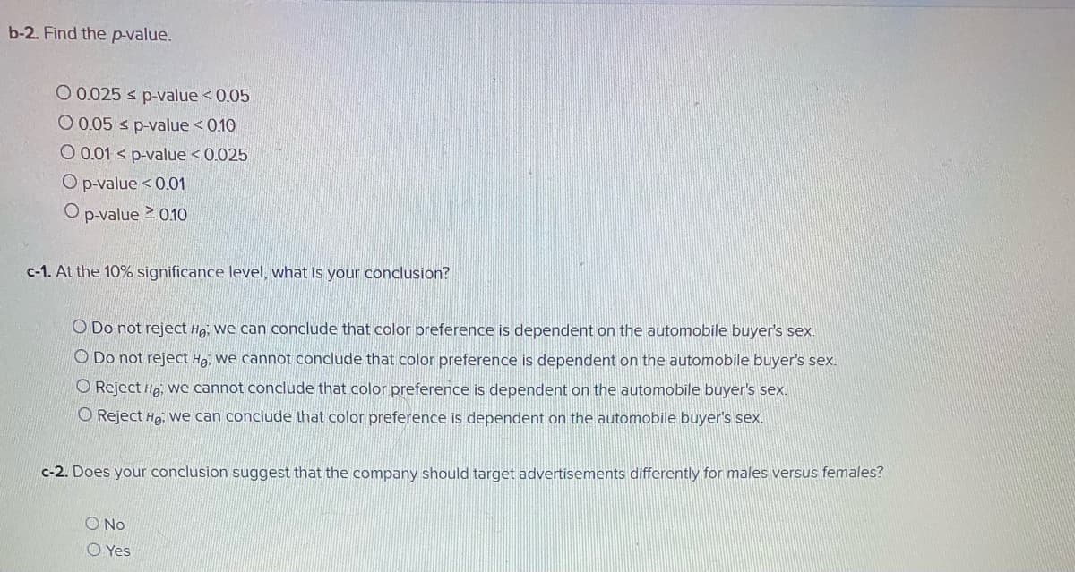 b-2. Find the p-value.
O 0.025 s p-value < 0.05
O 0.05 s p-value < 0.10
O 0.01 s p-value < 0.025
O p-value < 0.01
O p-value 2 010
c-1. At the 10% significance level, what is your conclusion?
O Do not reject Hg. we can conclude that color preference is dependent on the automobile buyer's sex.
O Do not reject Hg. we cannot conclude that color preference is dependent on the automobile buyer's sex.
O Reject Ha, we cannot conclude that color preference is dependent on the automobile buyer's sex.
O Reject He, we can conclude that color preference is dependent on the automobile buyer's sex.
c-2. Does your conclusion suggest that the company should target advertisements differently for males versus females?
O No
O Yes
