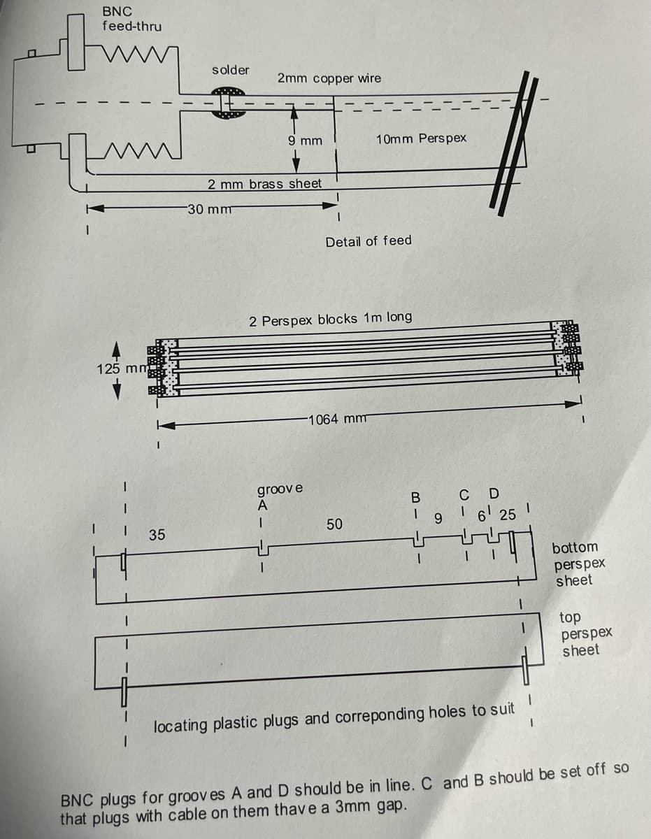 BNC
feed-thru
tuy
ww
125 mm
35
solder
30 mm
2mm copper wire
2 mm brass sheet
9 mm
I
groove
A
I
2 Perspex blocks 1m long
Detail of feed
10mm Perspex
1064 mm
50
BIVI
в
9
C D
| 6¹ 25 1
J-
locating plastic plugs and correponding holes to suit
bottom
perspex
sheet
top
perspex
sheet
BNC plugs for grooves A and D should be in line. C and B should be set off so
that plugs with cable on them thave a 3mm gap.