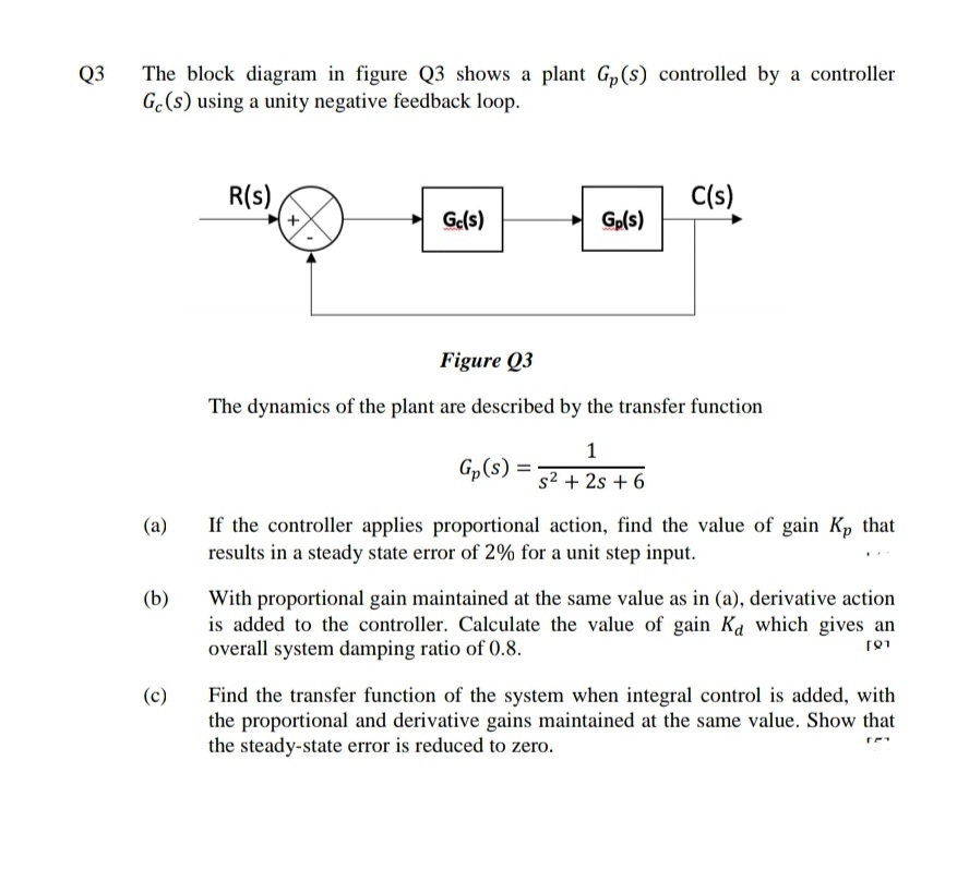 Q3
The block diagram in figure Q3 shows a plant G, (s) controlled by a controller
G.(s) using a unity negative feedback loop.
R(s)
C(s)
Ge(s)
Gp(s)
Figure Q3
The dynamics of the plant are described by the transfer function
1
Gp(s) =
s2 + 2s + 6
If the controller applies proportional action, find the value of gain Kp that
results in a steady state error of 2% for a unit step input.
(a)
(b)
With proportional gain maintained at the same value as in (a), derivative action
is added to the controller. Calculate the value of gain Ka which gives an
overall system damping ratio of 0.8.
Find the transfer function of the system when integral control is added, with
the proportional and derivative gains maintained at the same value. Show that
the steady-state error is reduced to zero.
(c)
