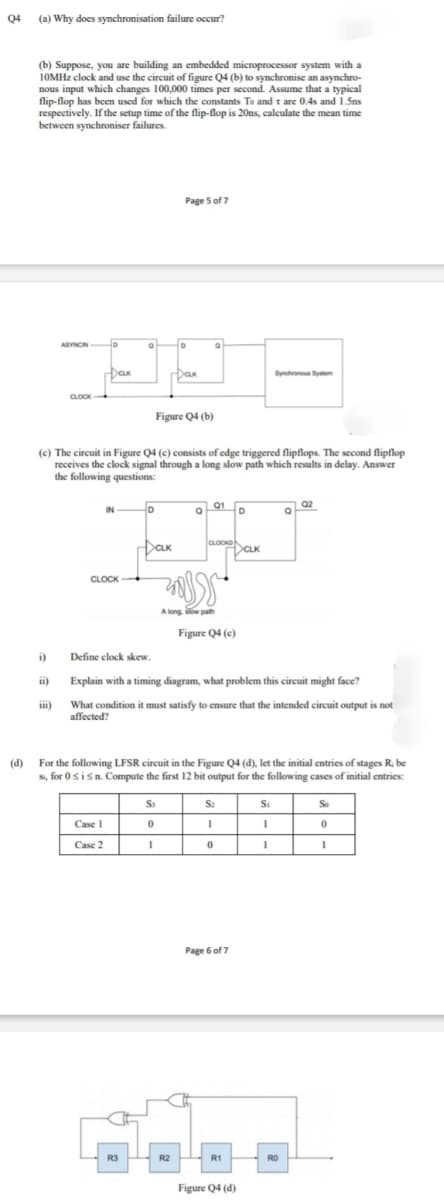 Q4 (a) Why does synchronisation failure occur?
(b) Suppose, you are building an embedded microprocessor system with a
10MHZ clock and use the circuit of figure Q4 (b) to synchronise an asynchro-
nous input which changes 100,000 times per second. Assume that a typical
flip-flop has been used for which the constants To and t are 0.4s and 1.5ns
respectively. If the setup time of the flip-flop is 20ns, calculate the mean time
between synchroniser failures.
Page S of 7
ASYNCIN
Syncvonous System
CLOCK
K
Figure Q4 (b)
(c) The circuit in Figure Q4 (c) consists of edge triggered flipflops. The second flipflop
receives the clock signal through a long slow path which results in delay. Answer
the following questions:
Q2
IN D
아
01
D
CLOCKD
Dax
CLK
CLOCK
A long slow path
Figure Q4 (c)
i)
Define elock skew.
ii)
Explain with a timing diagram, what problem this circuit might face?
What condition it must satisfy to ensure that the intended circuit output is not
affected?
ii)
(d) For the following LFSR circuit in the Figure Q4 (d), let the initial entries of stages R. be
Si, for 0sisn. Compute the first 12 bit output for the following cases of initial entries:
S:
Si
So
Case 1
Case 2
Page 6 of 7
R3
R2
R1
RO
Figure Q4 (d)
