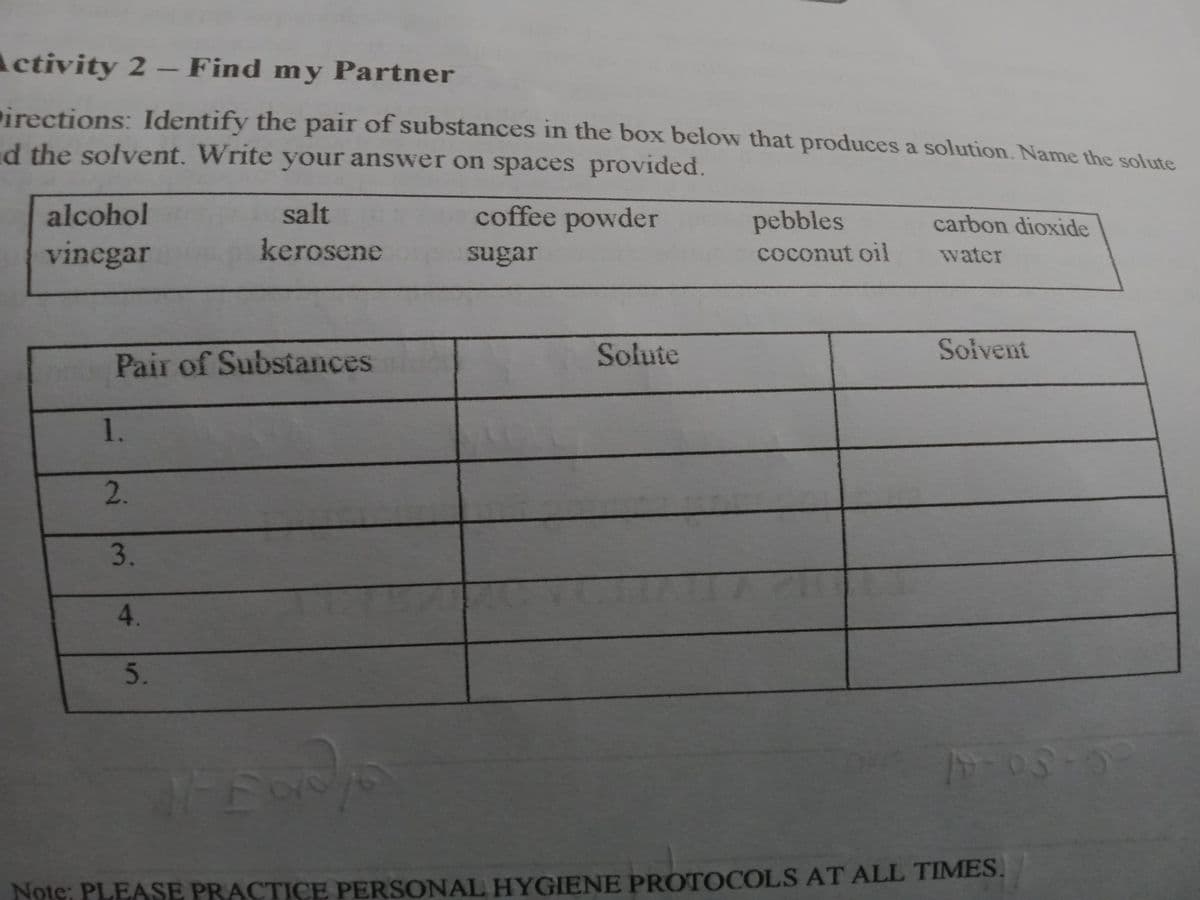 Activity 2 - Find my Partner
irections: Identify the pair of substances in the box below that produces a solution. Name the solute
d the solvent. Write your answer on spaces provided.
alcohol
salt
coffee powder
pebbles
carbon dioxide
vinegar
kerosene
sugar
coconut oil
water
Solute
Soivent
Pair of Substances
1.
3.
4.
5.
Note: PLEASE PRACTICE PERSONAL HYGIENE PROTOCOLS AT ALL TIMES.
2.
